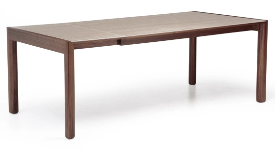 Table extensible 8 à 12 personnes en noyer et céramique allonges céramique bois teinte naturelle et céramique effet pierre travertin 160x100 cm