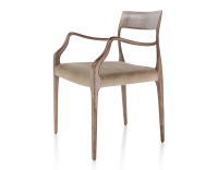 Chaise scandinave avec accoudoirs bois teinte marron foncé assise tissu velours taupe clair Chaise scandinave avec accoudoirs bois teinte marron foncé assise tissu velours taupe clair