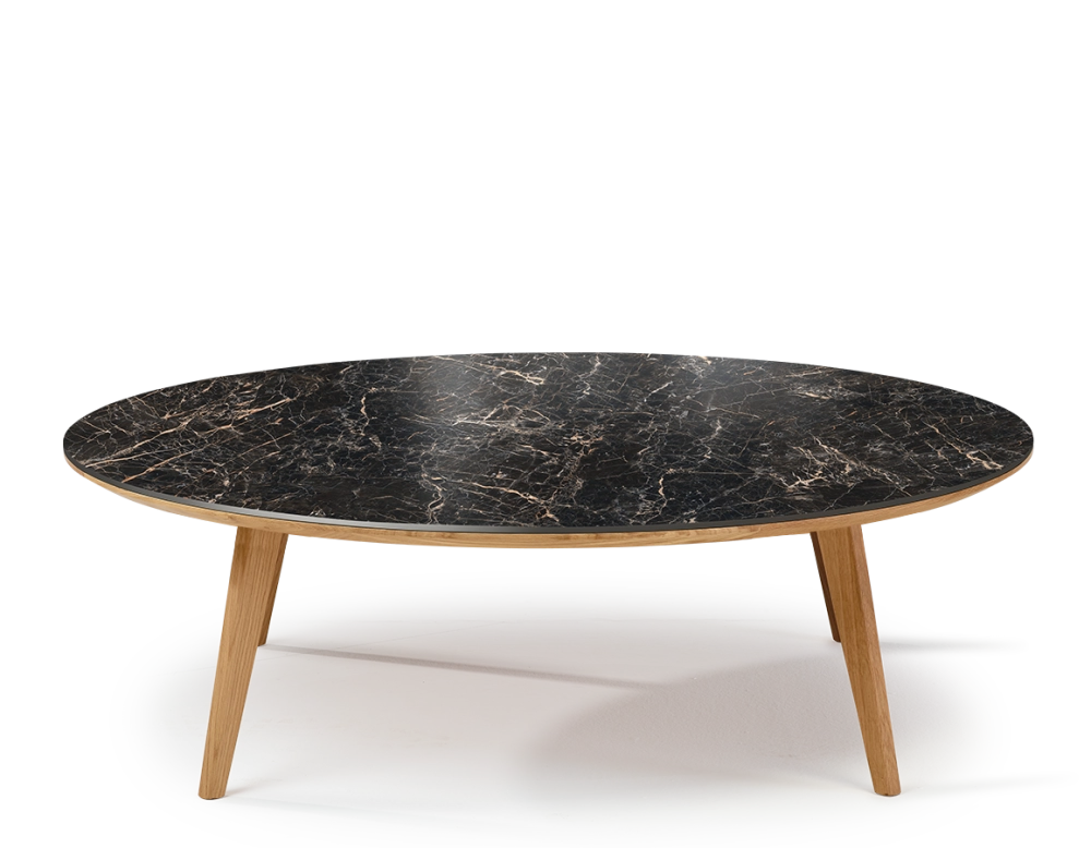 Mesa de centro redonda F1 de roble y cerámica madera tinte natural tablero cerámico efecto mármol negro 120x120x30 cm