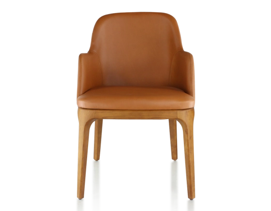 Designer chair with armrests cherry-stained wood and caramel leather