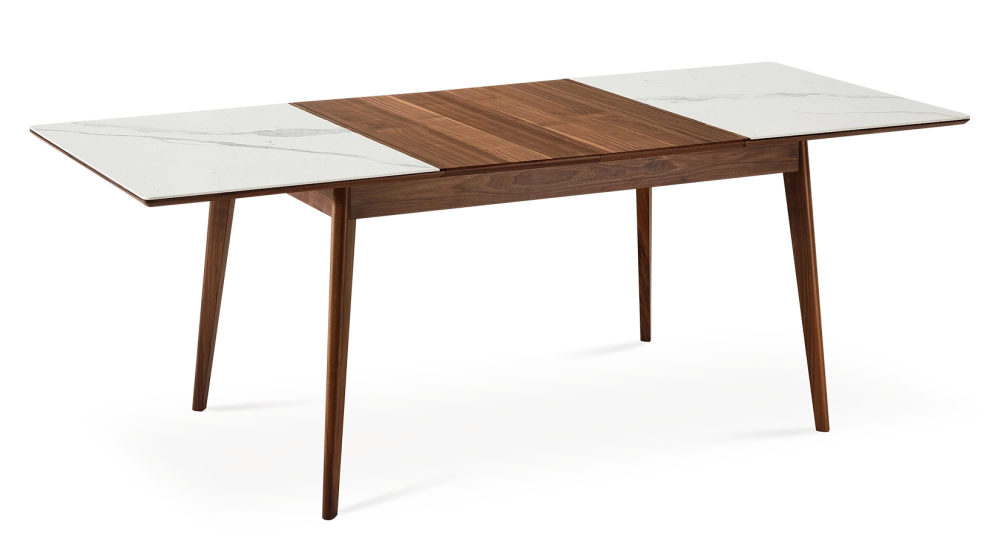 Table extensible 6 à 10 personnes en noyer et céramique allonges bois avec bois teinte naturelle et plateau céramique effet marbre blanc 160x90 cm Table extensible 6 à 10 personnes en noyer et céramique allonges bois avec bois teinte naturelle et plateau céramique effet marbre blanc 160x90 cm