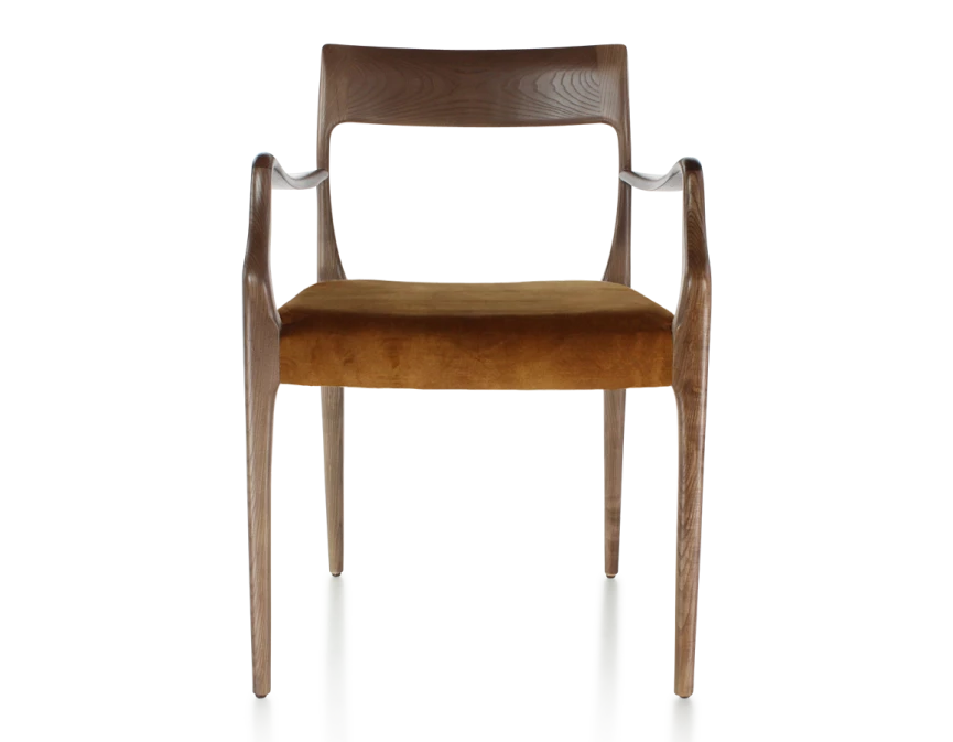 Chaise scandivave avec accoudoirs bois teinte marron foncé assise tissu velours bronze