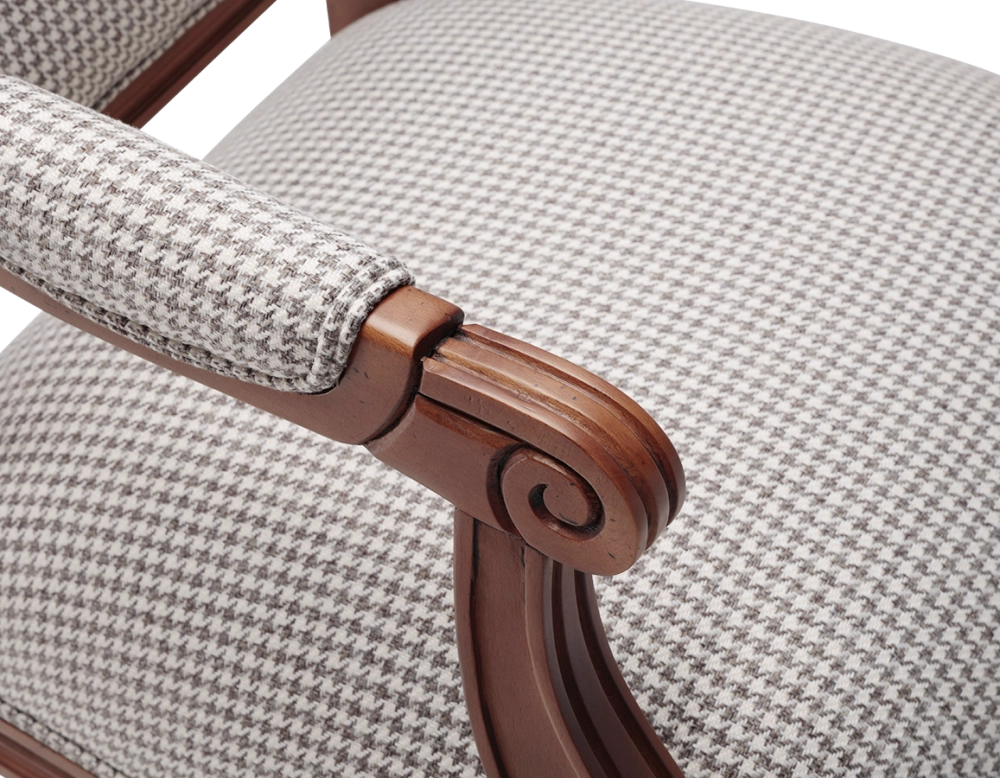 Louis XVI style antique armchair wood antique stain and brown fabric Louis XVI style antique armchair wood antique stain and brown fabric