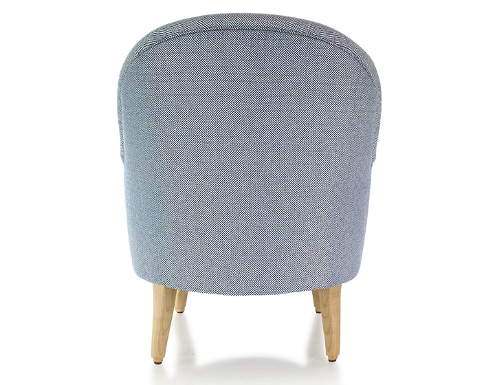 Toad armchair with armrests natural wood stain feet and blue chevron fabric Toad armchair with armrests natural wood stain feet and blue chevron fabric