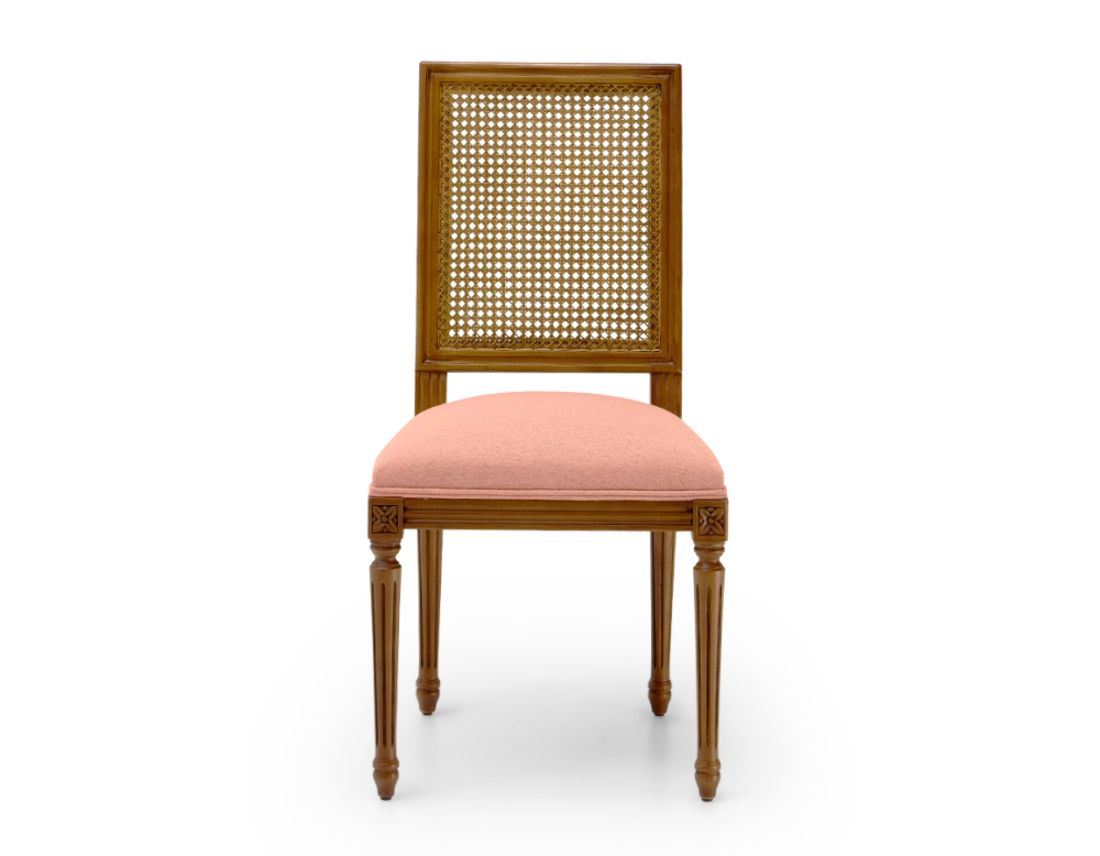 Chaise ancienne style Louis XVI dossier canné assise tissu rose corail Chaise ancienne style Louis XVI dossier canné assise tissu rose corail
