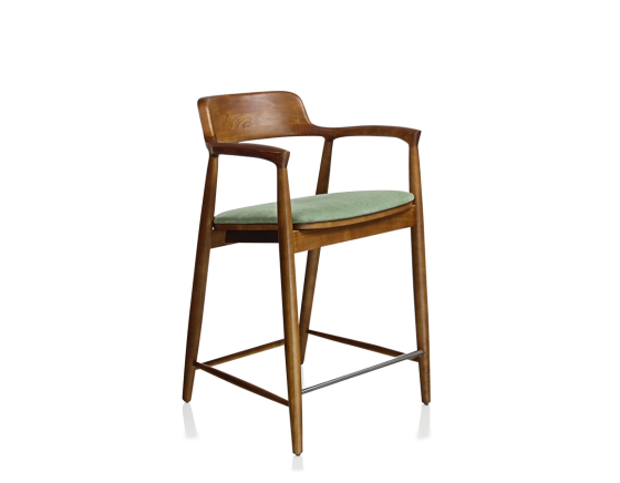 Bar stool h60 cm cherry-stained wood green fabric seat