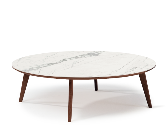 Round coffee table F1 in oak and ceramic dark brown stained wood with a white marble-effect ceramic top m1. 90x90x30 cm