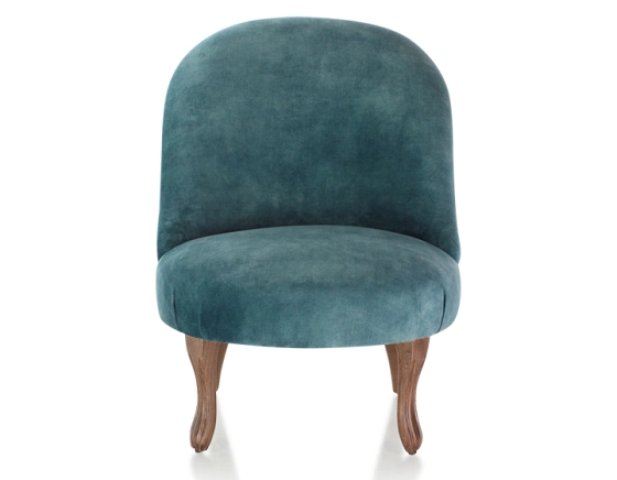 Fauteuil crapaud sans accoudoirs pieds bois teinte noyer et tissu velours bleu pétrole