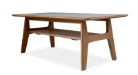 Square coffee table in oak and ceramic. with a natural wood finish and a white marble-effect ceramic top. 120x120 cm