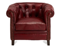 Fauteuil Chesterfield cuir rouge carmin accoudoirs cloutés