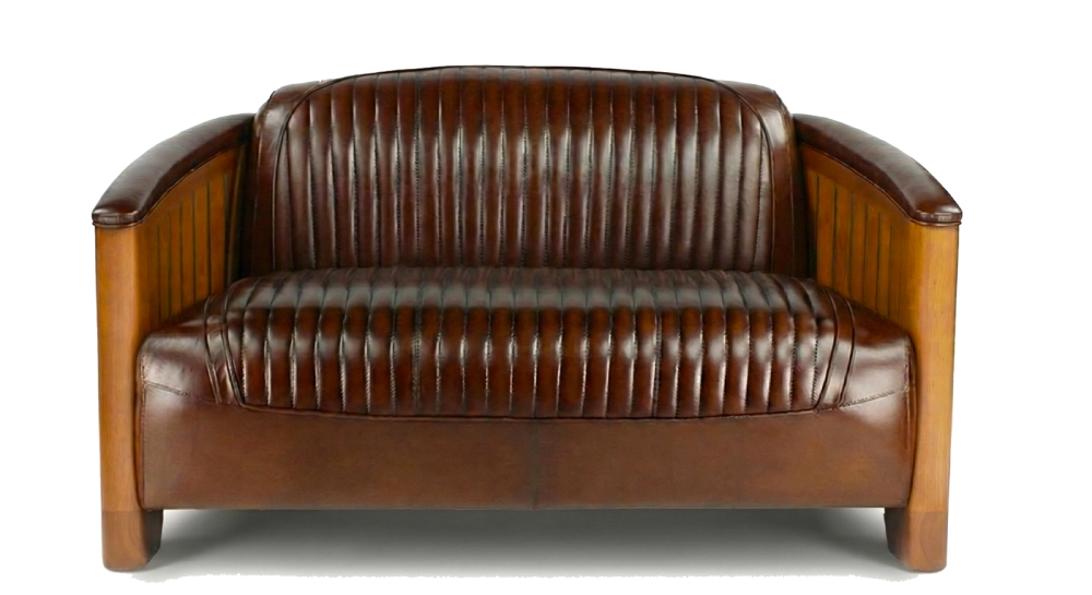 Canapé club bois et cuir 2 places marron vintage