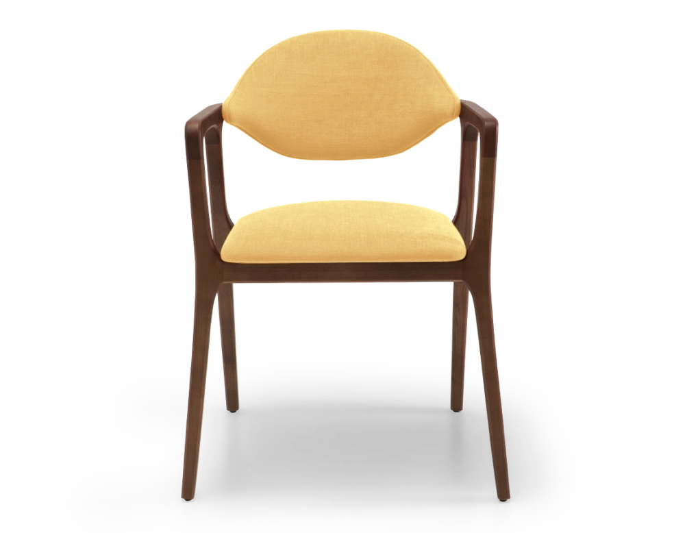 Designer armchair dark brown stained wood and yellow fabric Designer armchair dark brown stained wood and yellow fabric