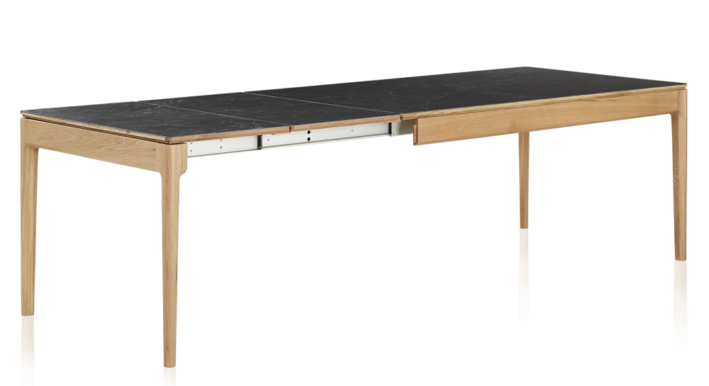 Extendable table for 8 to 12 people in oak and ceramic with ceramic extensions with natural stained wood and ceramic slate effect top and extensions 160x100 cm