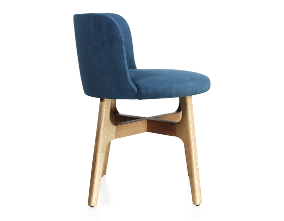 Designer chair natural tint wood, denim blue fabric seat