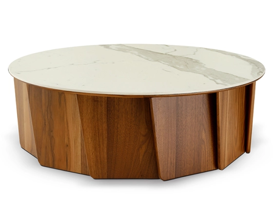 Table basse ronde en noyer et céramique avec bois teinte naturelle plateau céramique effet marbre blanc 100 cm