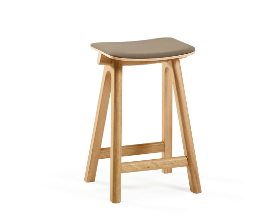 Upholstered oak bar stool H60 cm wood natural tint seat taupe fabric