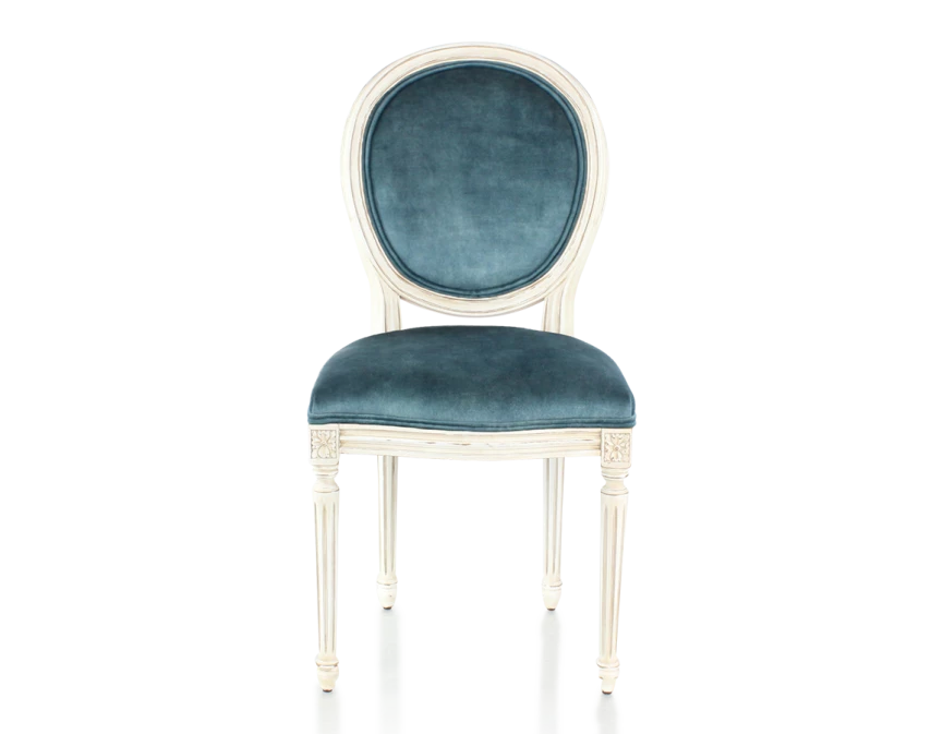 Chaise ancienne style Louis XVI bois teinte blanche cérusée et tissu velours bleu pétrole