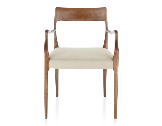 Scandinavian armchair with armrests walnut-stained wood, camel-coloured fabric seat