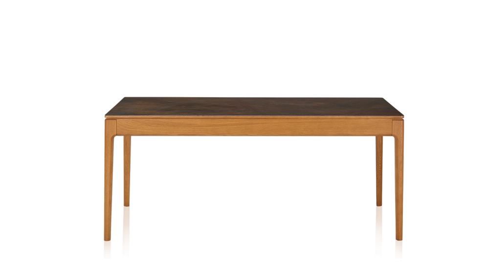 Table extensible 8 à 14 personnes en chêne et céramique allonges céramique avec bois teinte merisier et plateau et allonges céramique brun oxydé 210x100 cm
