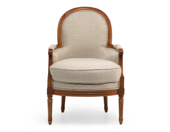 Fauteuil bergère style Louis XVI bois teinte ancienne et tissu pied de poule blanc et taupe