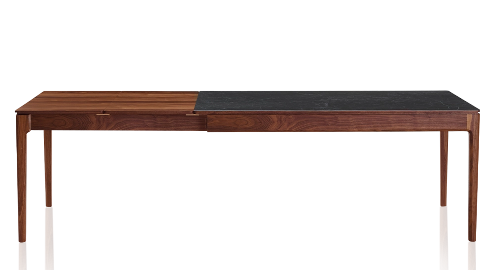 Table extensible 6 à 12 personnes en noyer et céramique allonges bois avec bois teinte naturelle et plateau céramique effet ardoise 140x100 cm Table extensible 6 à 12 personnes en noyer et céramique allonges bois avec bois teinte naturelle et plateau céramique effet ardoise 140x100 cm