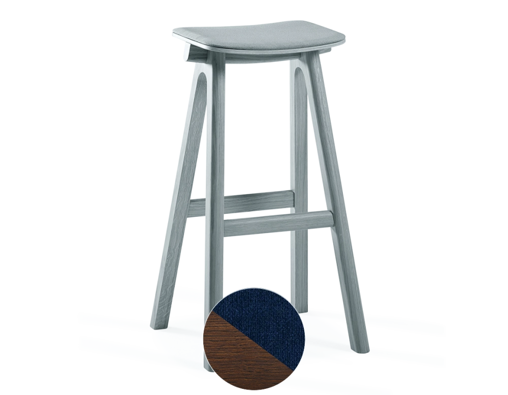Tabouret de bar en chêne tapissé H80 cm bois teinte marron foncé assise tissu bleu marine Tabouret de bar en chêne tapissé H80 cm bois teinte marron foncé assise tissu bleu marine