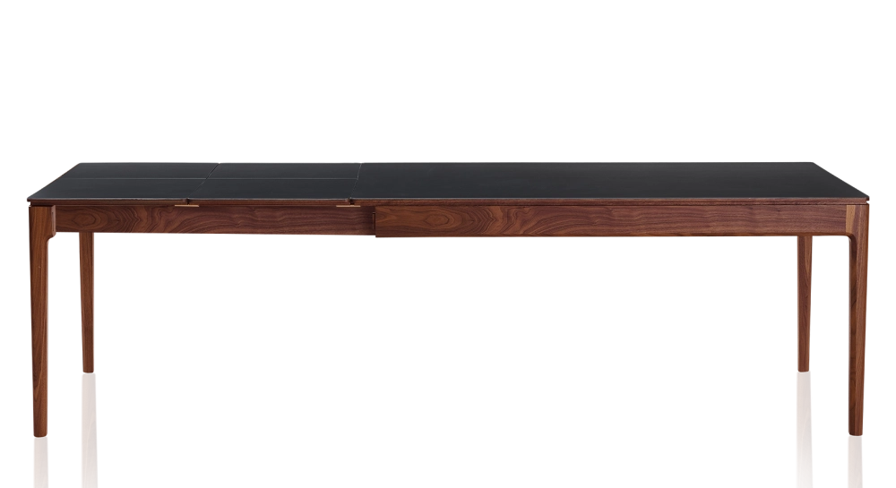 Table extensible 8 à 14 personnes en noyer et céramique allonges céramique avec bois teinte naturelle et plateau et allonges céramique noire unie 210x100 cm