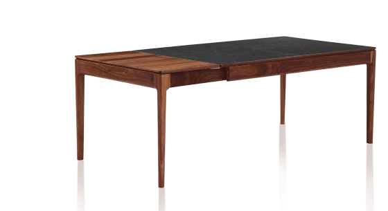 Table extensible en noyer et céramique effet ardoise 140x90 cm allonges bois