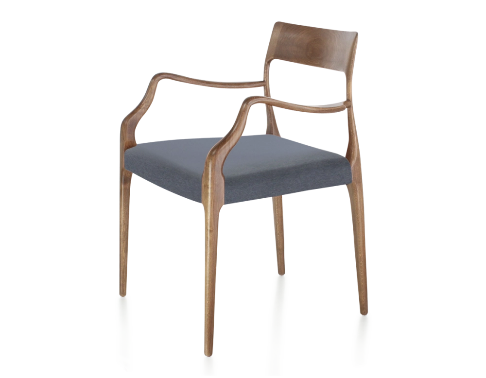 Scandinavian armchair with armrests walnut-stained wood, grey fabric seat Scandinavian armchair with armrests walnut-stained wood, grey fabric seat