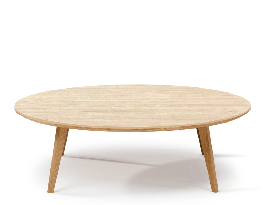 Table basse ronde F1 en chêne et céramique bois teinte naturelle plateau céramique effet pierre travertin 100x100x40 cm