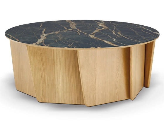 Round coffee table in oak and ceramic with natural tint wood black marble effect ceramic top 120 cm