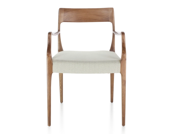 Scandinavian armchair with armrests wood stained walnut seat natural beige fabric