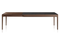 Table extensible 6 à 10 personnes en chêne et céramique allonges bois avec bois teinte marron foncé et plateau céramique effet marbre noir 140x90 cm Table extensible 6 à 10 personnes en chêne et céramique allonges bois avec bois teinte marron foncé et plateau céramique effet marbre noir 140x90 cm