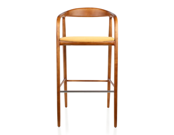 Tabouret de bar h80 cm teinte merisier assise tissu jaune bois teinte merisier et tissu jaune