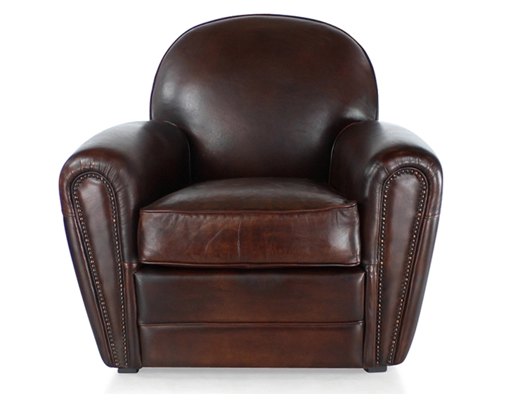 Fauteuil club cuir marron soutenu accoudoirs cloutés Fauteuil club cuir marron soutenu accoudoirs cloutés