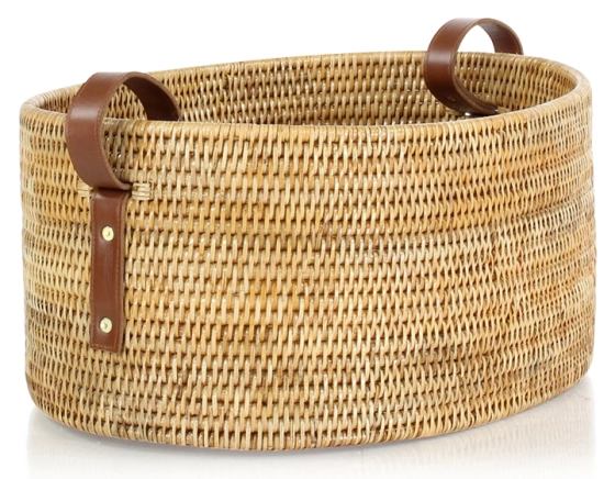 Cesta de almacenaje de ratán natural, asas de piel