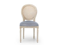 Chaise ancienne style Louis XVI bois teinte blanche cérusée dossier canné assise tissu chevron bleu Chaise ancienne style Louis XVI bois teinte blanche cérusée dossier canné assise tissu chevron bleu