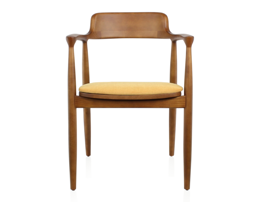 Chaise scandinave bois teinte merisier et tissu jaune Chaise scandinave bois teinte merisier et tissu jaune