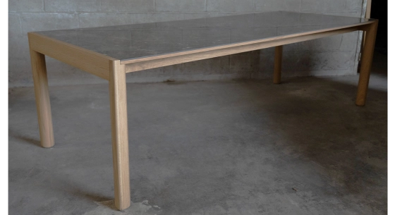 Extensible oak table for 8 to 12 people with slate effect ceramic top and anthracite tinted extensions 160x100 cm