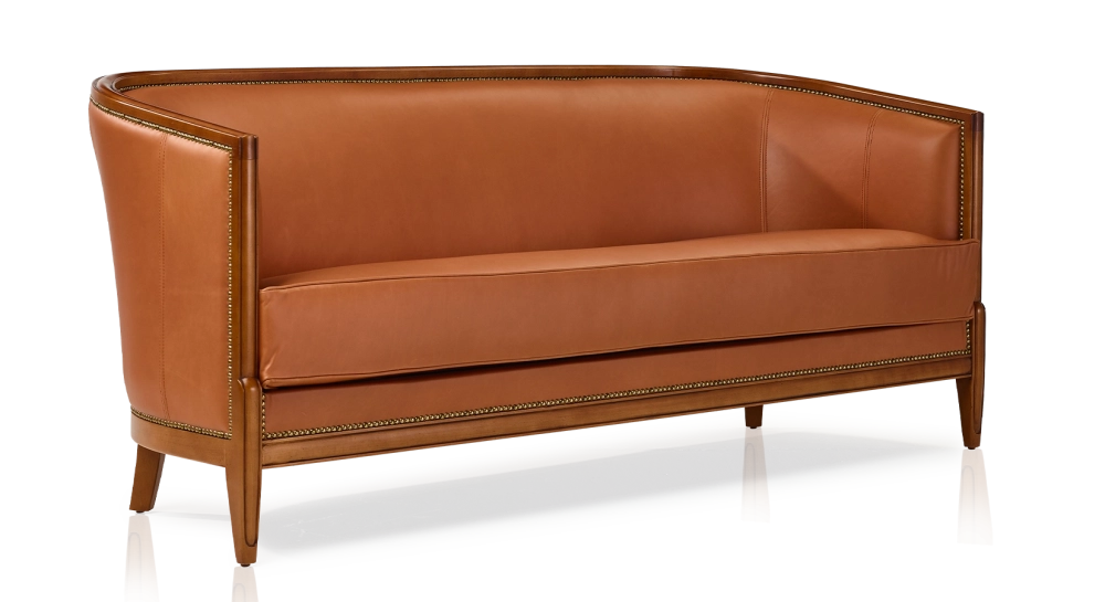 Canapé ancien 3 places accoudoirs moulurés bois teinte ancienne et cuir châtain