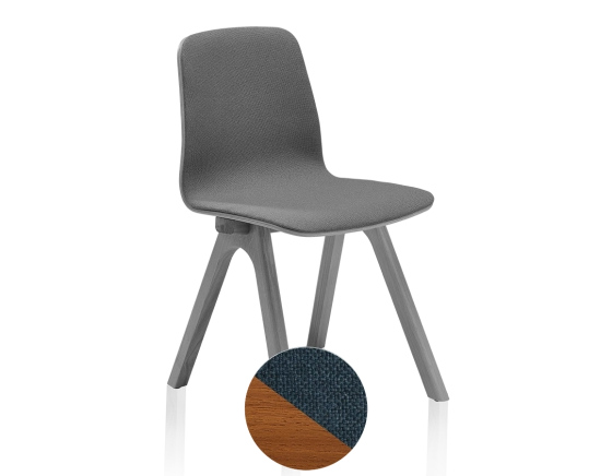 Upholstered oak designer chair cherry-stained wood, blue fabric seat