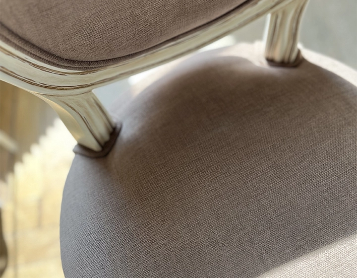 Antique Louis XVI style chair wood stained antique caned back taupe fabric seat Antique Louis XVI style chair wood stained antique caned back taupe fabric seat