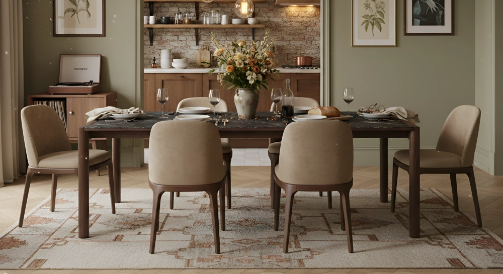 Table extensible 8 à 14 personnes en noyer et céramique allonges céramique bois teinte naturelle et céramique effet ardoise 210x100 cm