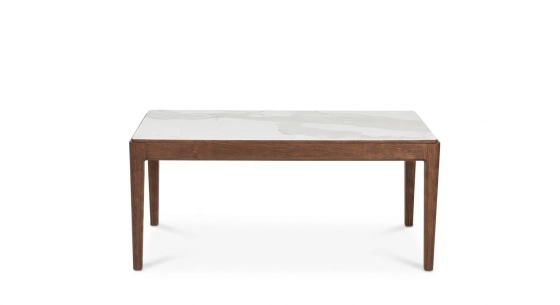 Round coffee table in oak and ceramic dark brown stained wood with a white marble-effect ceramic tabletop. 100x100 cm