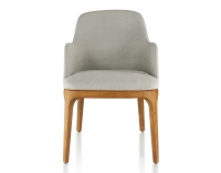 Chaise design avec accoudoirs bois teinte merisier et tissu beige naturel