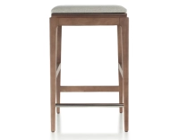 Tabouret de bar design H60 cm bois teinte noyer assise tissu beige naturel Tabouret de bar design H60 cm bois teinte noyer assise tissu beige naturel