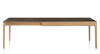Extendable table for 8 to 12 people in oak and ceramic with ceramic extensions with natural stained wood and oxidised brown ceramic top and extensions 160x100 cm