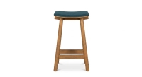 Design bar stool H65 cm natural wood finish with blue fabric seat
