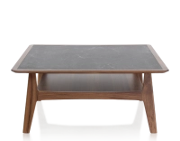 Table basse carré en noyer et céramique bois teinte naturelle plateau céramique effet ardoise 100x100 cm Table basse carré en noyer et céramique bois teinte naturelle plateau céramique effet ardoise 100x100 cm