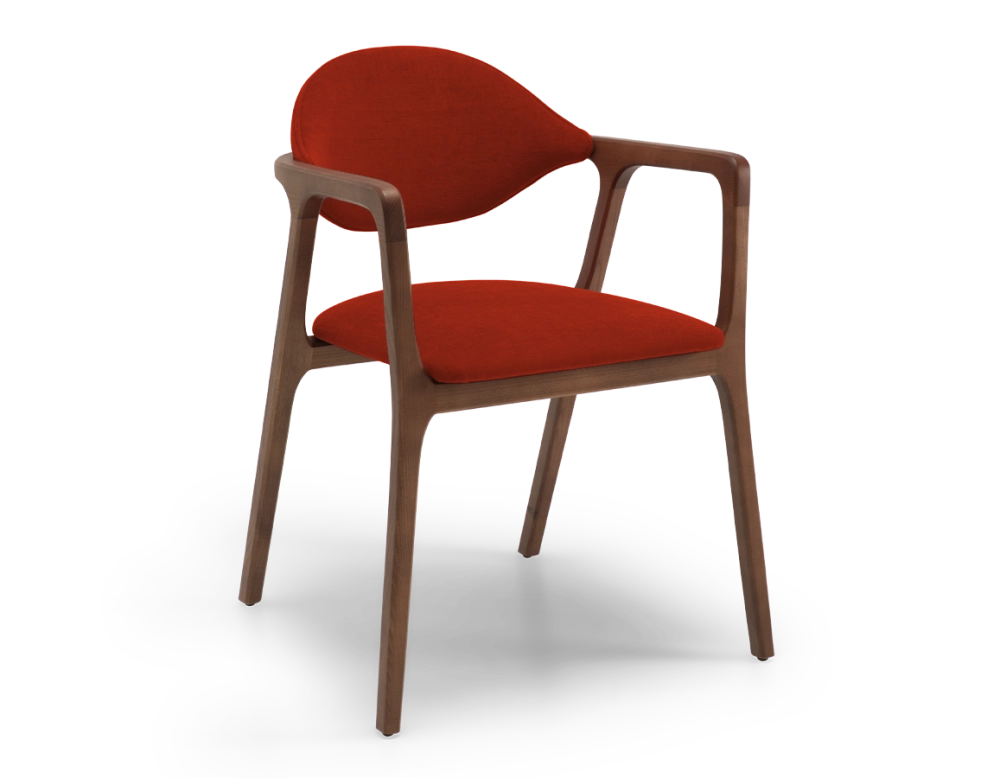 Chaise design avec accoudoirs bois teinte marron foncé et tissu orange brulé Chaise design avec accoudoirs bois teinte marron foncé et tissu orange brulé